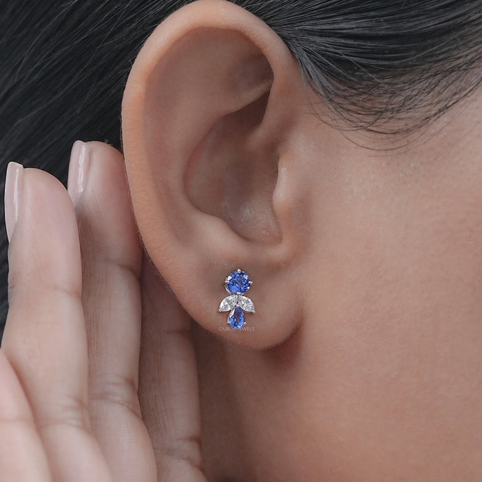 Sapphire Round And Pear Gemstone Stud Earrings