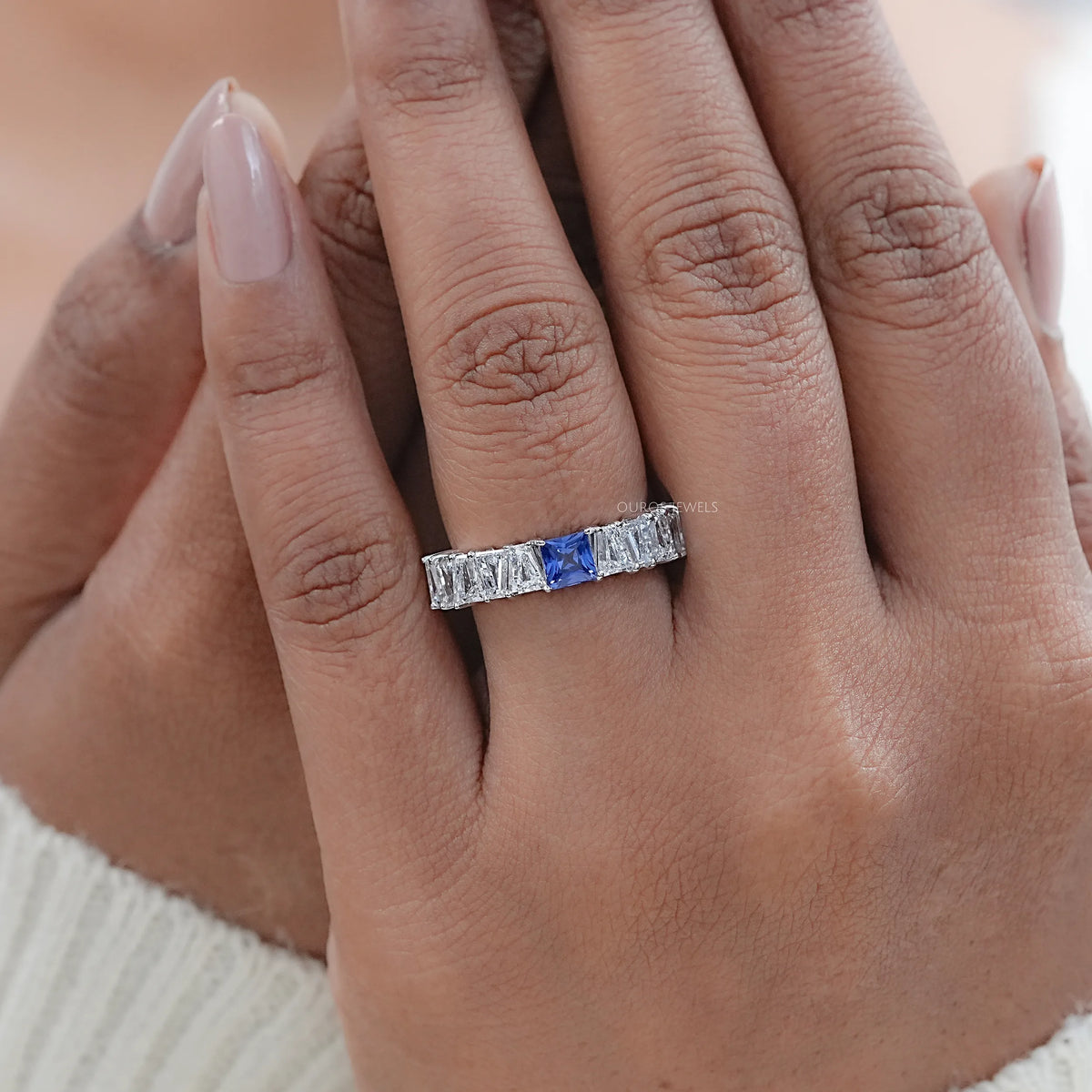 Sapphire Princess And Tapered Baguette Cut Half Eternity Band Rings