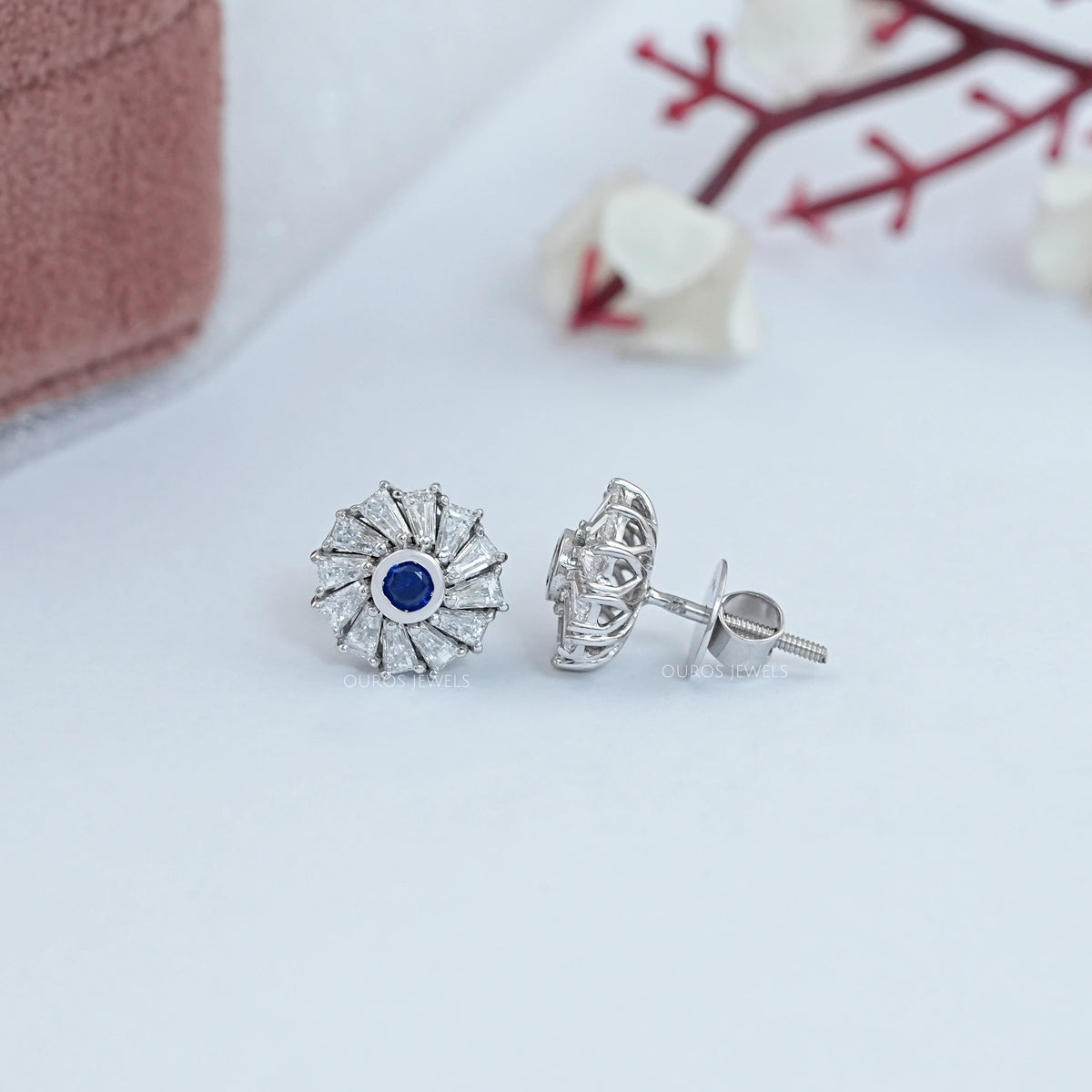 Tapered Baguette Blue Gemstone Stud Earring Earrings