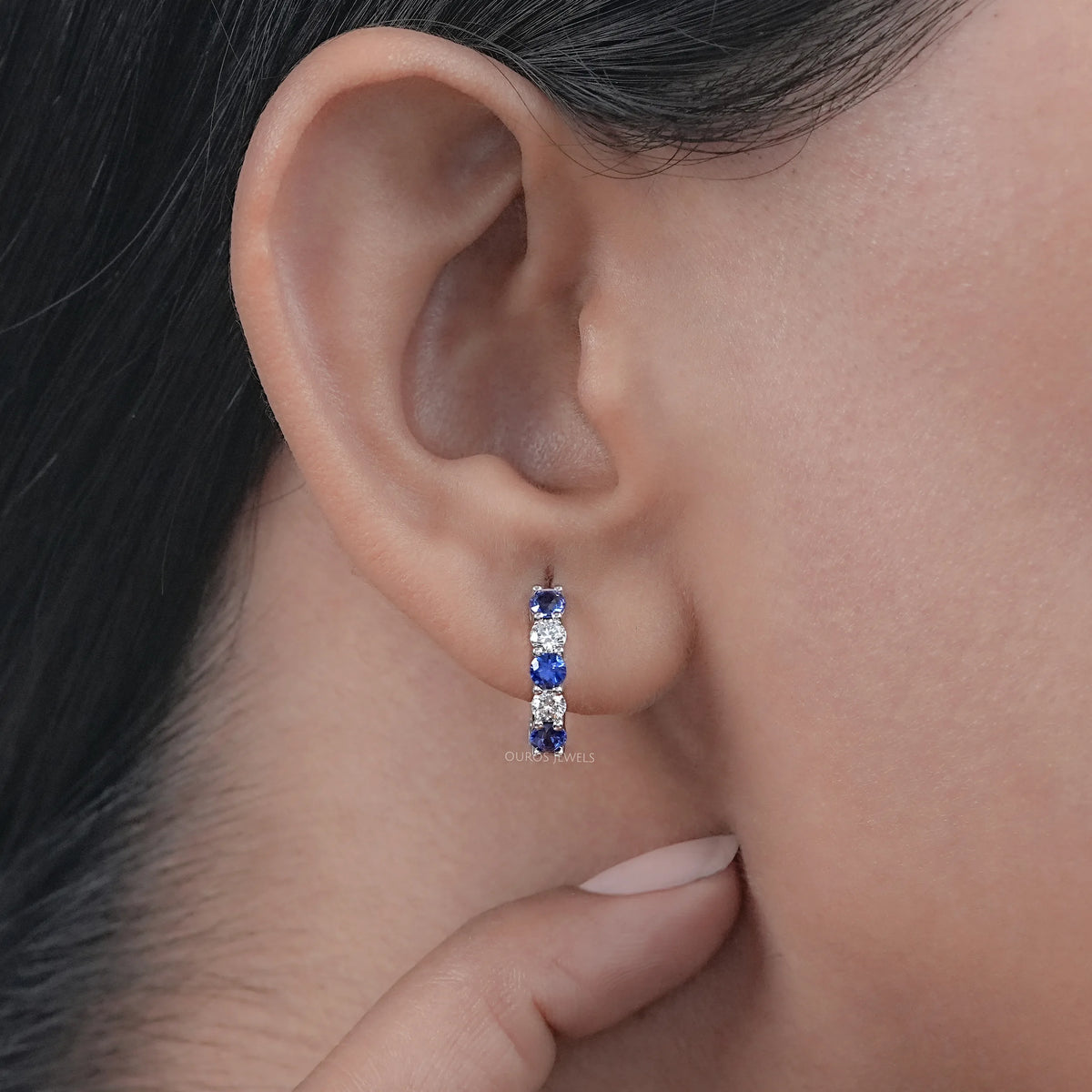 Multi Gemstone And Round Diamond In-Out Hoop Earrings