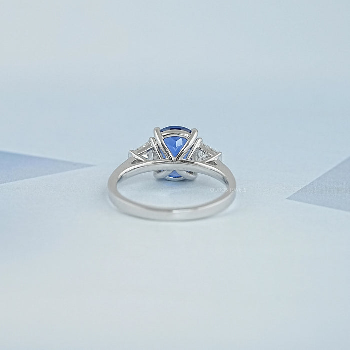 Sapphire Cushion Gemstone With Trapezoid Diamond  Ring
