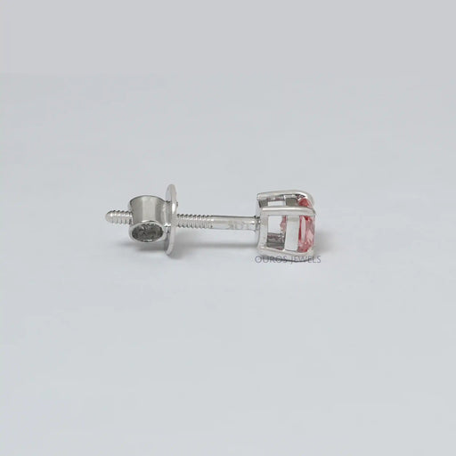 side view pink cushion diamond basket setting flat back stud earring white gold