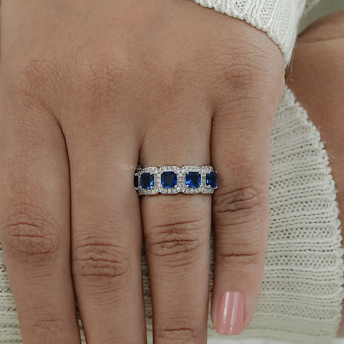 Five Stone Blue Asscher Cut Gemstone Halo Diamond Ring
