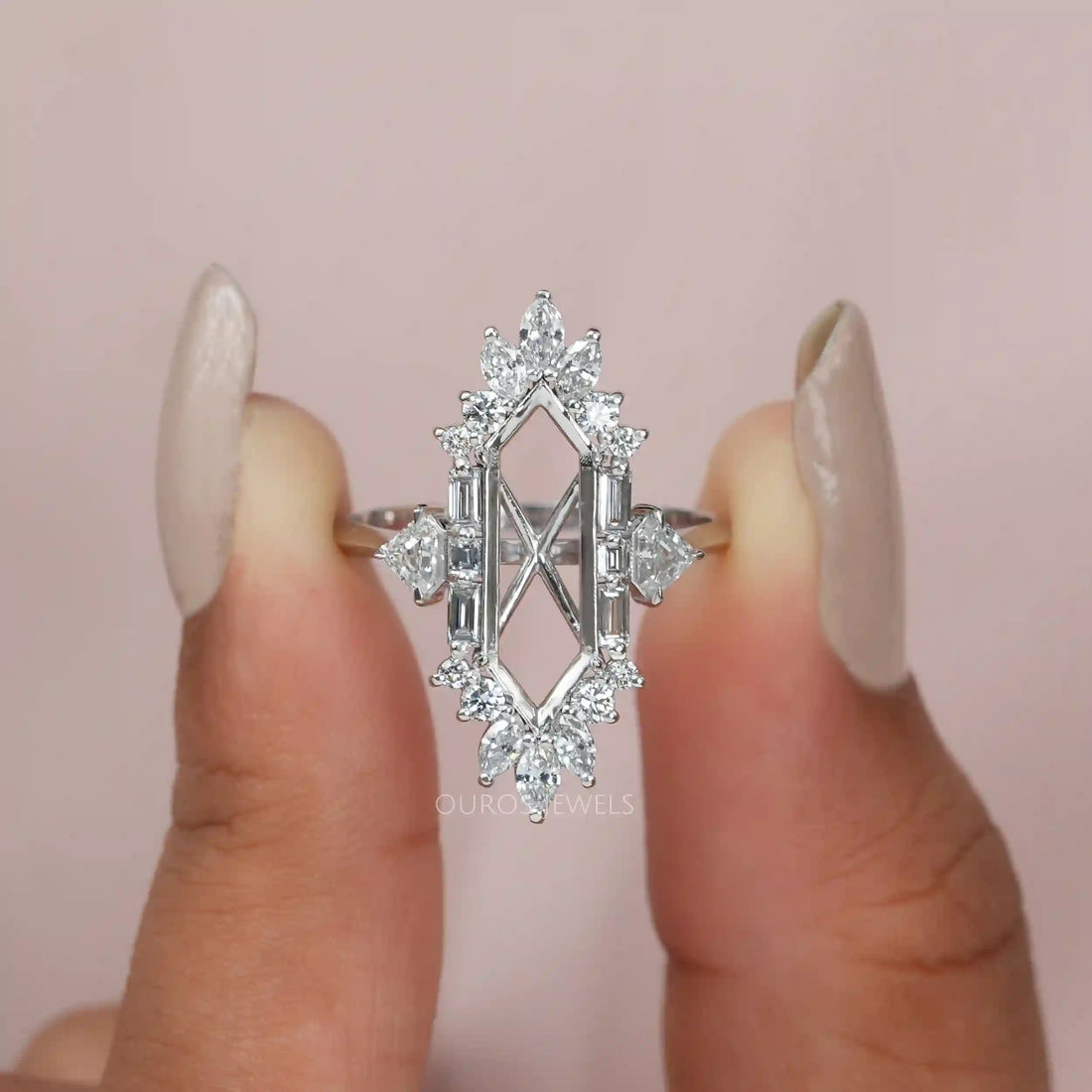 Dutch Marquise Cut Lab Semi Mount Cluster Halo Diamond Ring