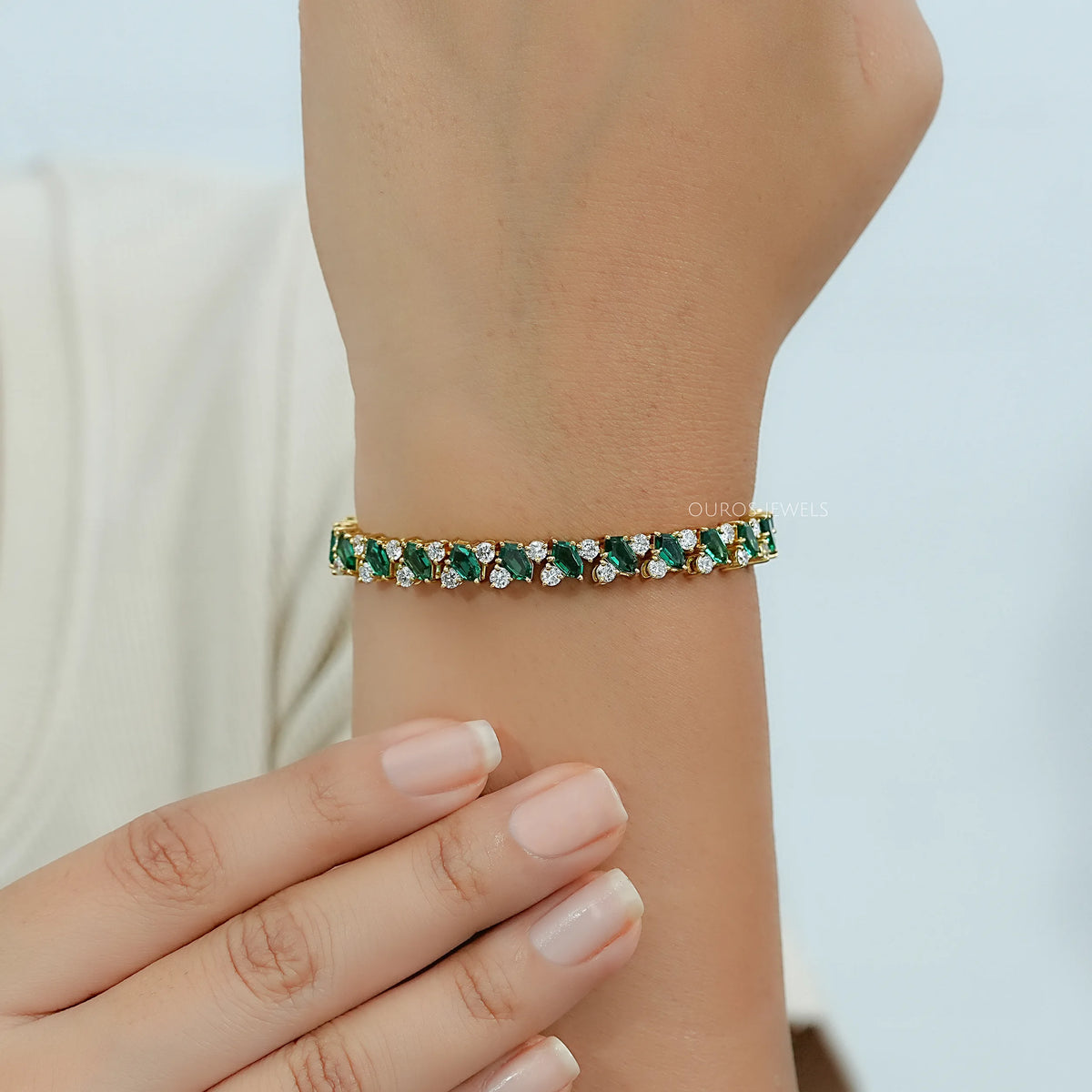 Shield Cut Green Gemstone And Diamond Bracelet Bracelet