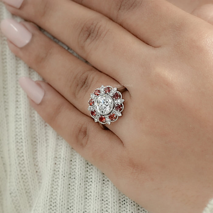 OEC Round Lab Diamond And Ruby Gemstone Halo Ring