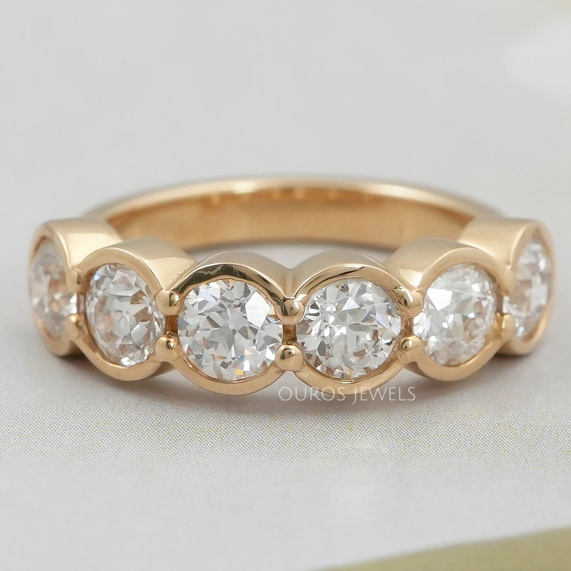 Six Stone Old European Round Diamond Bezel Set Wedding Band Ring