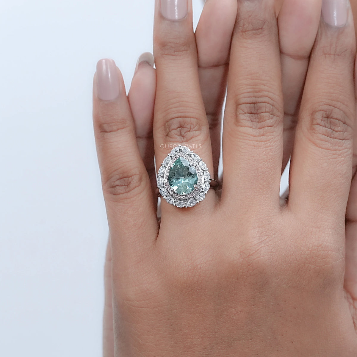 Aquamarine Pear Gemstone Double Halo Engagement Ring