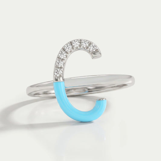 Round Cut Sky Enamel Engagement Ring Rings