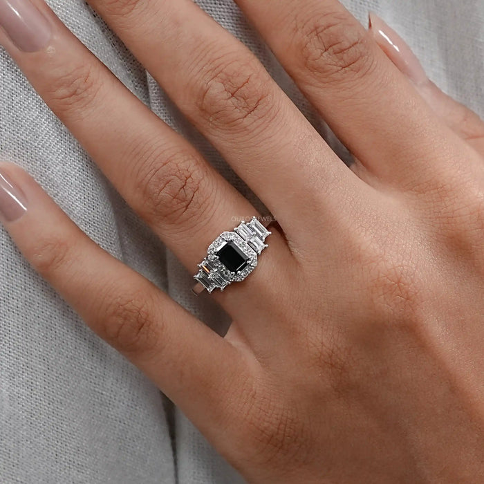 Black Emerald Cut Halo Diamond Engagement Ring