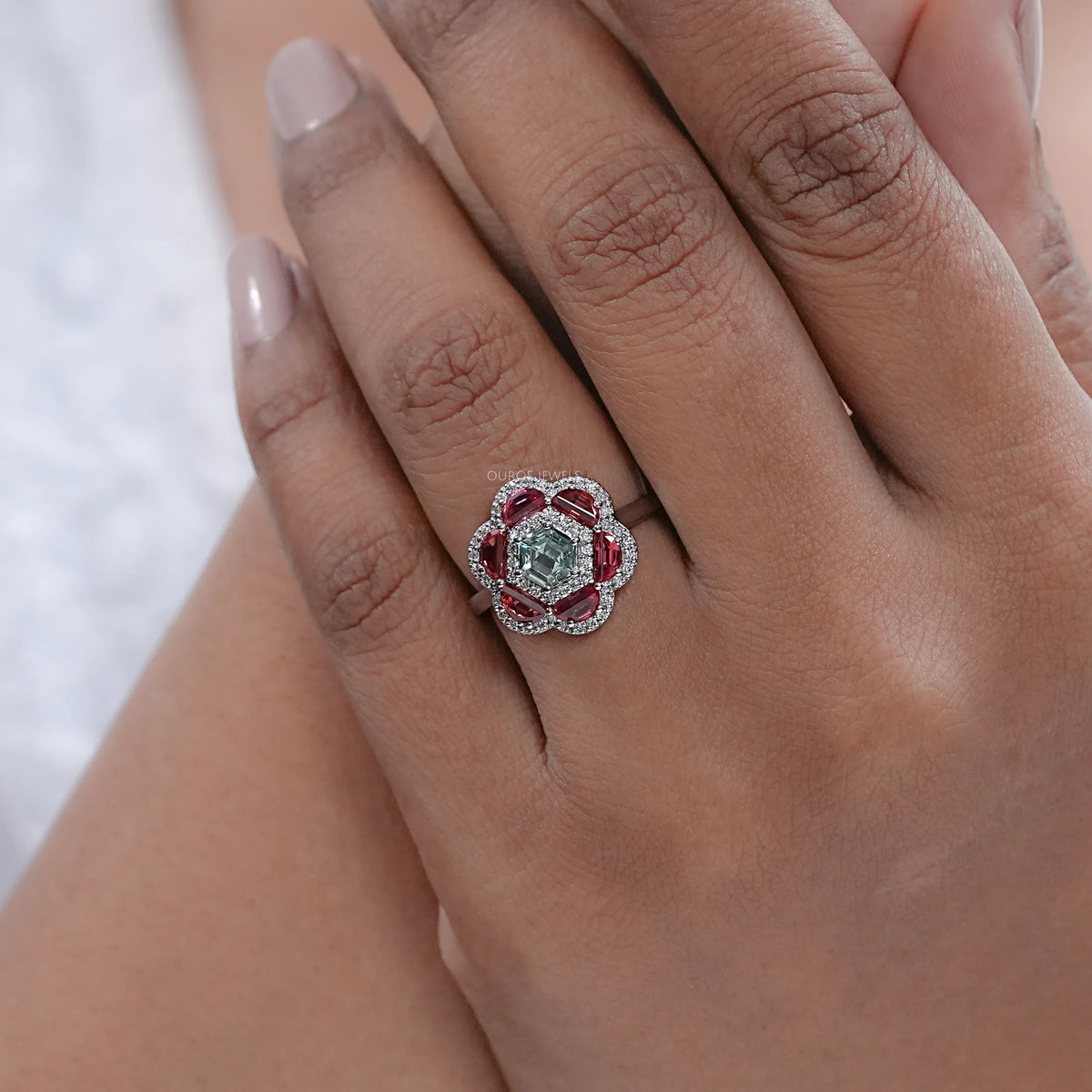 Alexandrite Hexagon Gemstone Double Halo Engagement Ring Rings