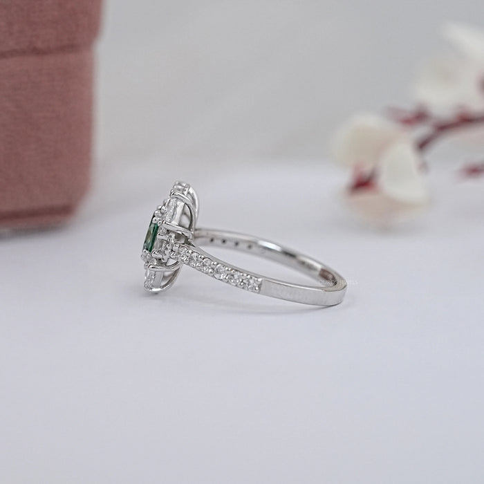 Green Oval Cut Half Moon Halo Engagement Ring