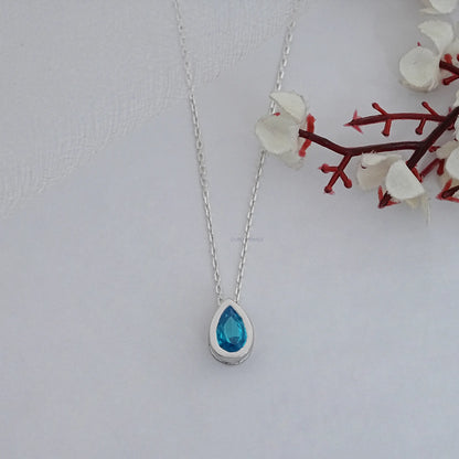 Aqua Blue Pear Gemstone Bezel Set Solitaire Pendant Necklaces