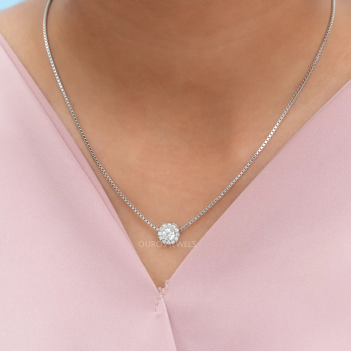 White Gold Halo Round Diamond Pendant Necklaces