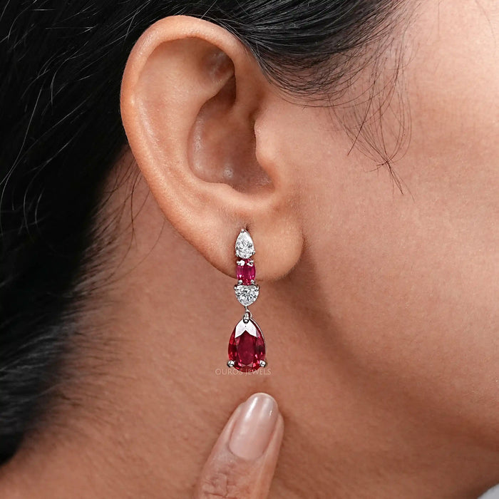 Red Ruby Pear Cut Lab Gemstone Drop Dangle Earrings