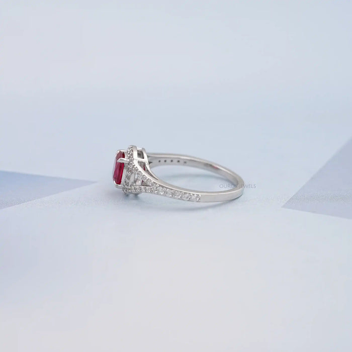 Cushion Cut Red Ruby Split Shank Halo Engagement Ring