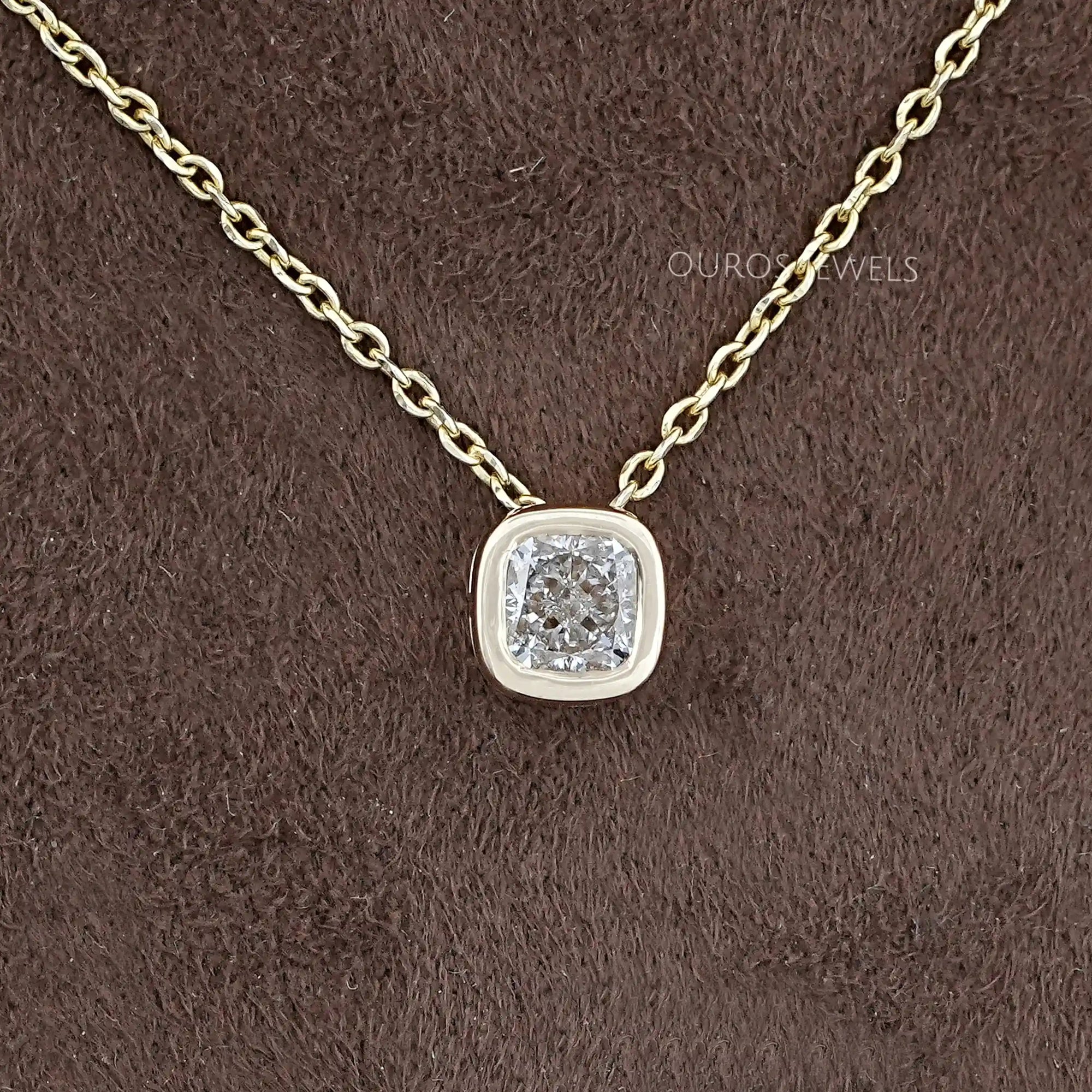 Square Cushion Diamond Bezel Set Solitaire Pendant Necklaces