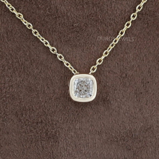 Square Cushion Diamond Bezel Set Solitaire Pendant Necklaces