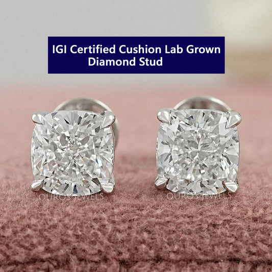 Square Cushion Cut Lab Diamond Solitaire Stud Earrings