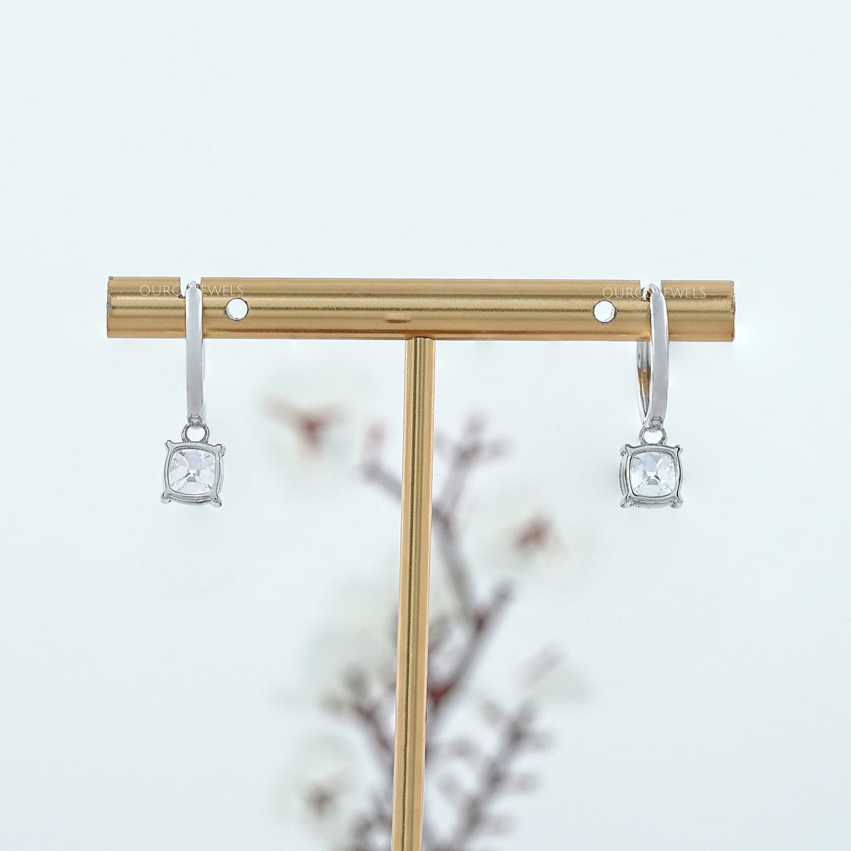 Square Old Mine Cushion Diamond Dangle Hoop Earrings