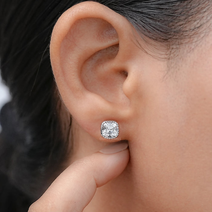 Square Old Mine Cushion Diamond Milgrain Stud Earrings
