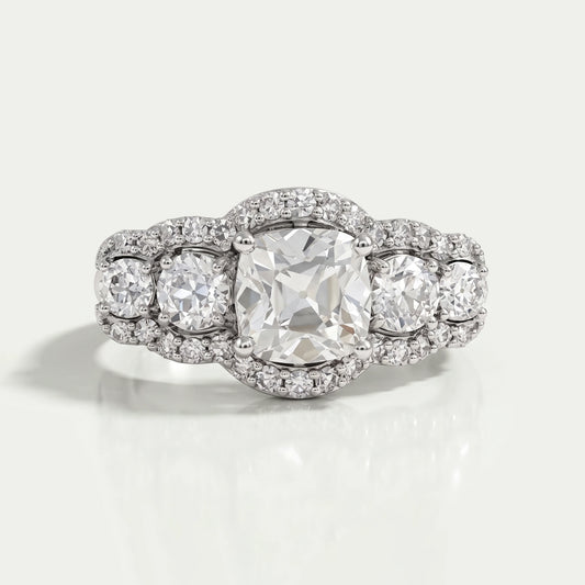 Square Old Mine Cushion Cut Five Stone Halo Engagement Ring Rings