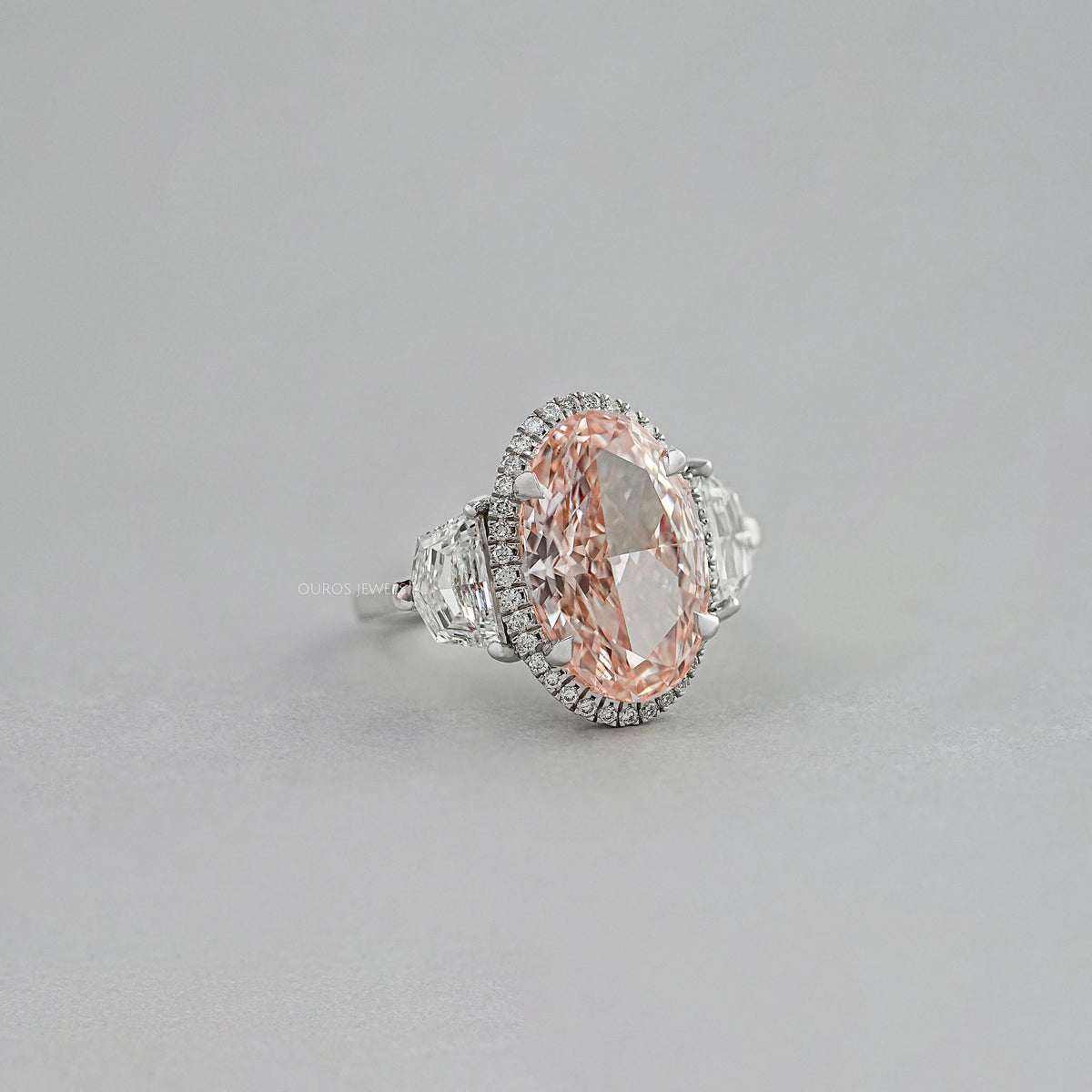 Intense Pink Oval Three Stone Engagement Ring Ring