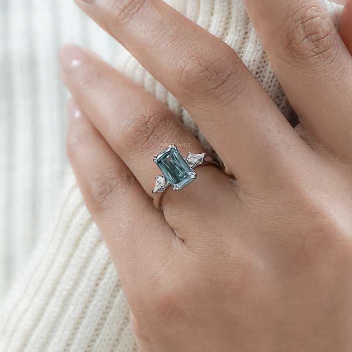 Fancy Green Scissors Cut Three Stone Engagement Ring