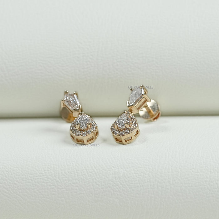 Step Cut Pear Halo Diamond Dangle Earrings