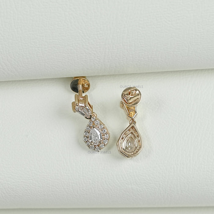 Step Cut Pear Halo Diamond Dangle Earrings