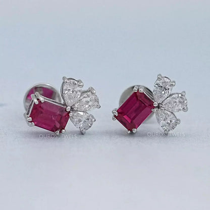 Ruby Emerald Gemstone And Pear Diamond Earrings