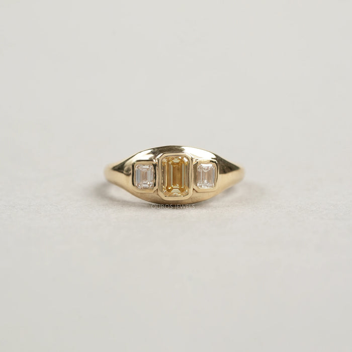 Bezel Set Yellow Emerald Cut 3 Stone Diamond Ring