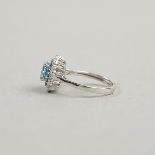 side view of fancy blue cushion cut lab diamond double halo wedding ring