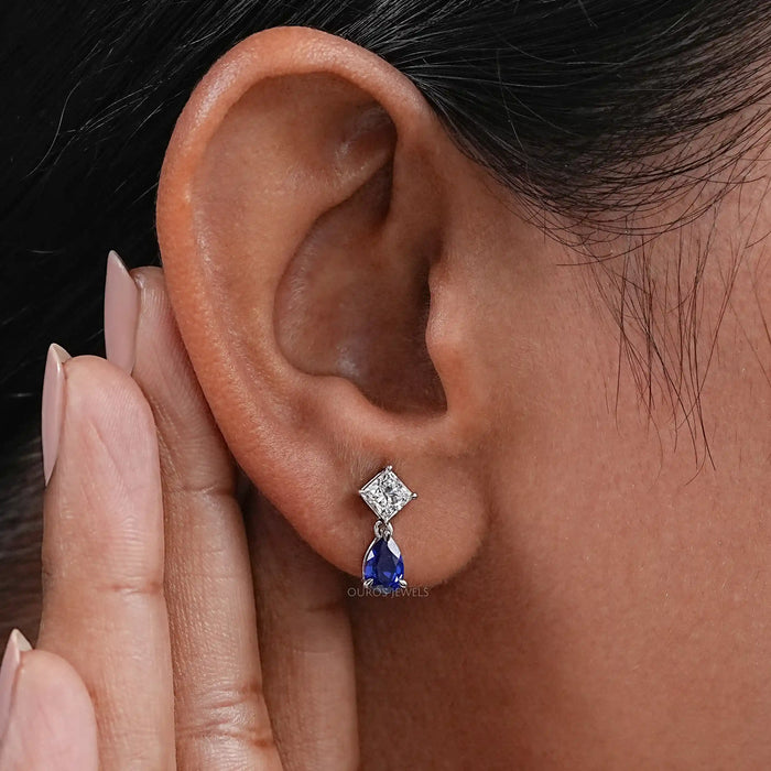 Pear Sapphire and Princess Cut Diamond Earrings