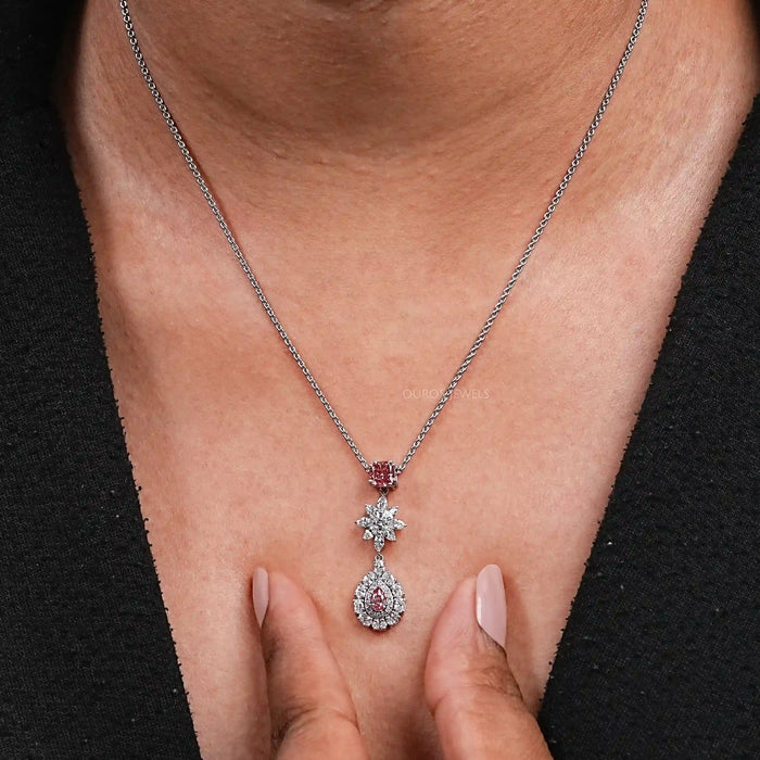 Pear Shape Double Halo Diamond Drop Pendant Necklace