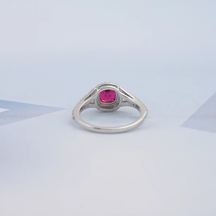 Cushion Cut Red Ruby Split Shank Halo Engagement Ring