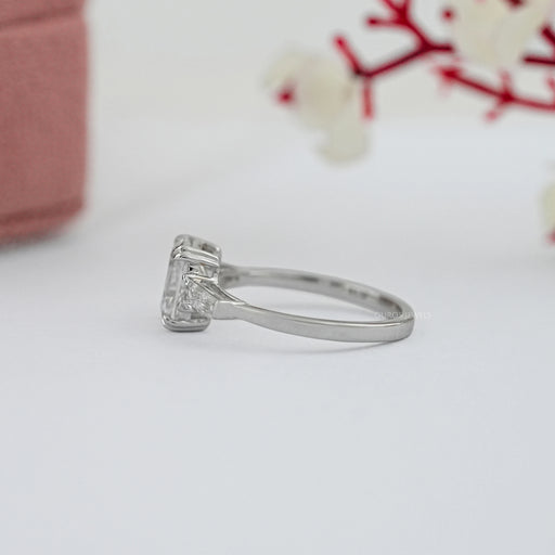 old mine cushion cut diamond double prong three stone wedding ring's side view
