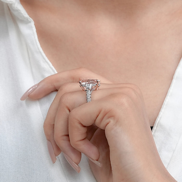 Pink Emerald Lab Diamond Three Stone Hidden Halo Ring  