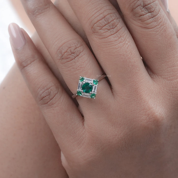 Green Round And Baguette Diamond Halo Engagement Ring