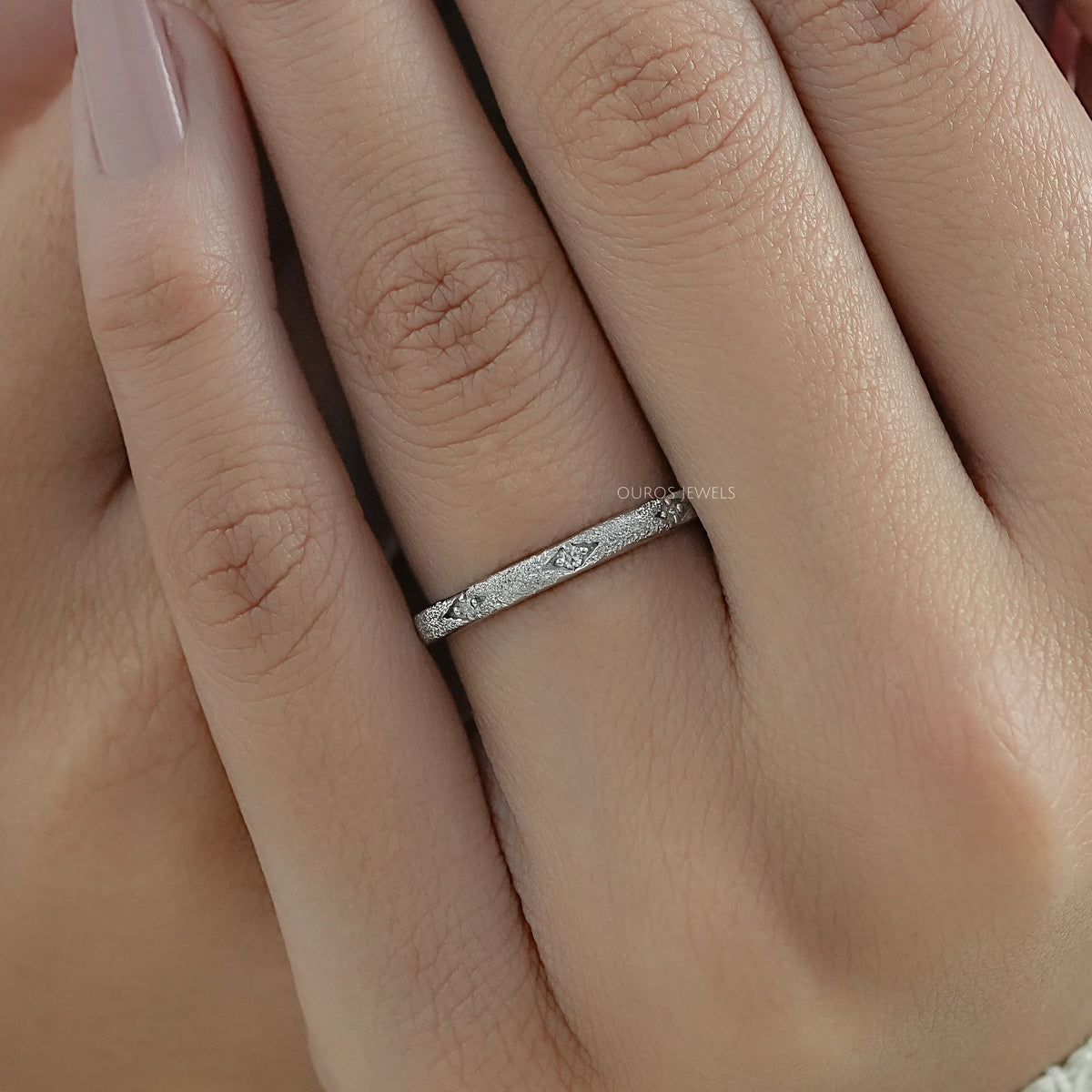 Textured Finish Dainty Diamond Wedding Band Ring