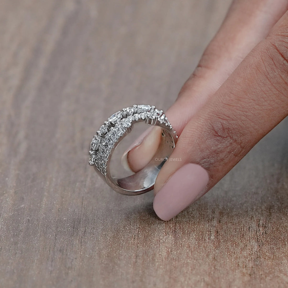 Three Row Round and Marquise Cut Half Eternity Band Rings