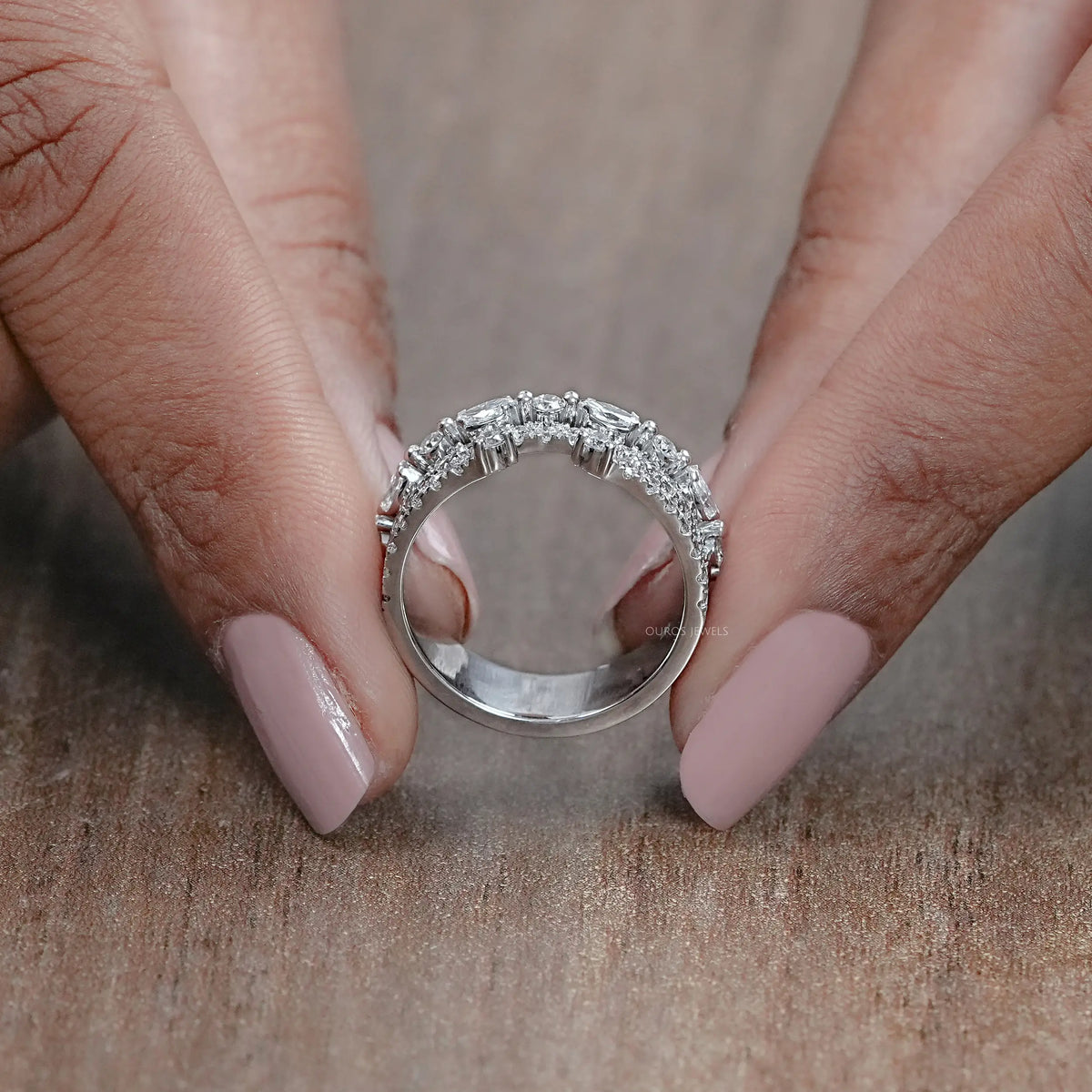 Three Row Round and Marquise Cut Half Eternity Band Rings