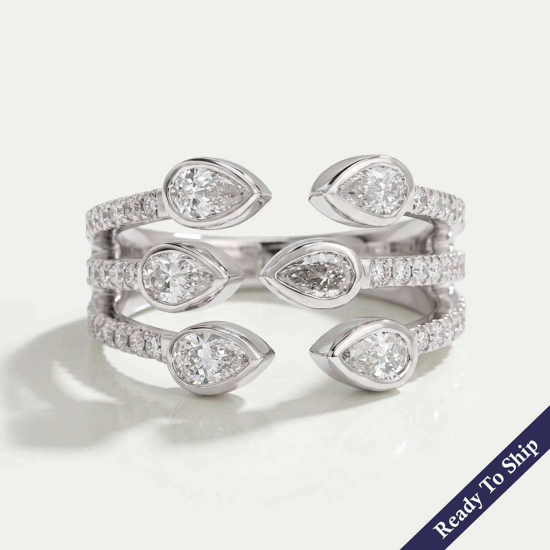 Three Row Pear Diamond Open Cuff Dainty Ring