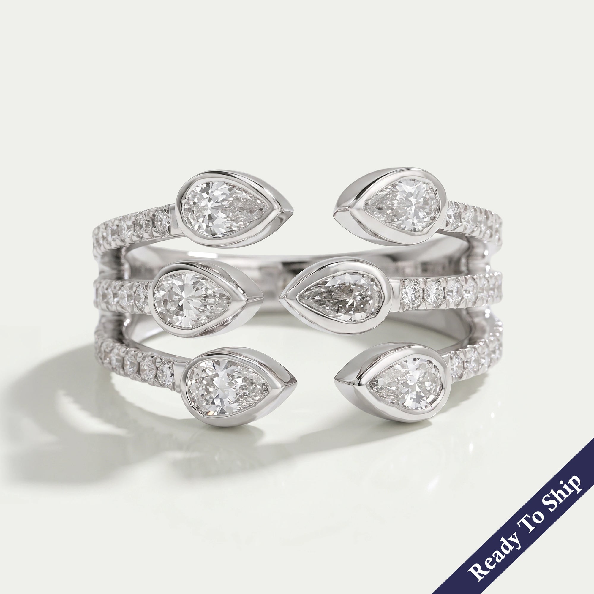 Three Row Pear Diamond Open Cuff Dainty Ring