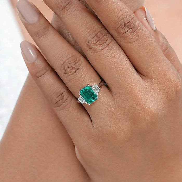 Green Emerald Cut With Trapezoid Diamond Ring 
