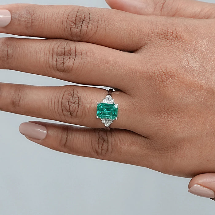 Green Emerald  With Antique Diamond Three Stone Ring