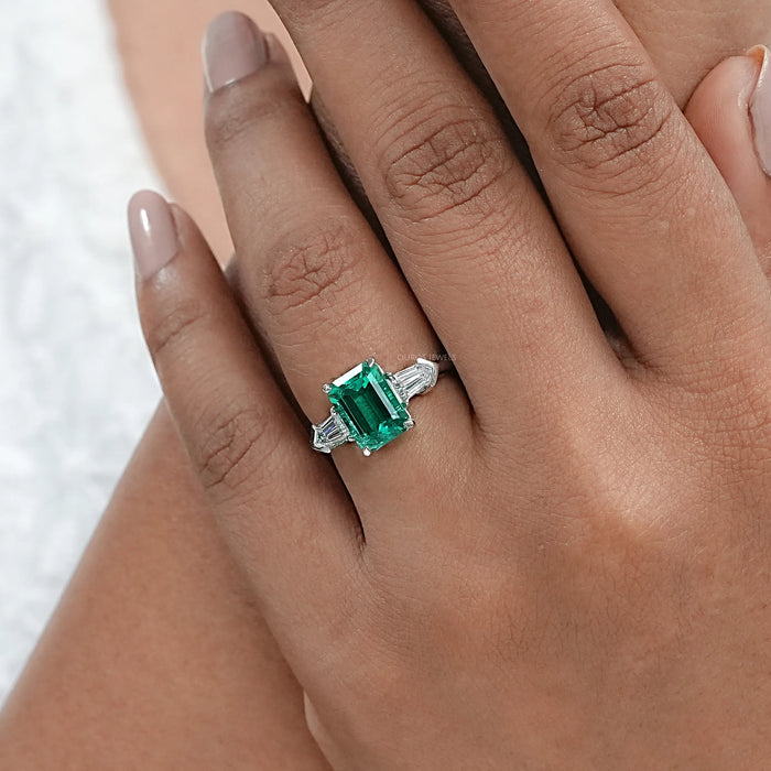Three Stone Emerald And Bullet Cut Diamond Ring 