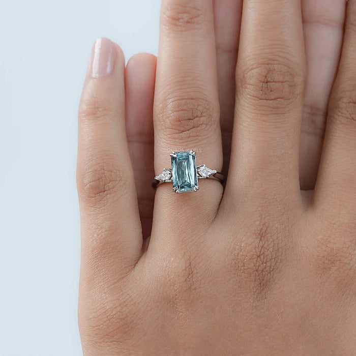 Fancy Green Scissors Cut Three Stone Engagement Ring