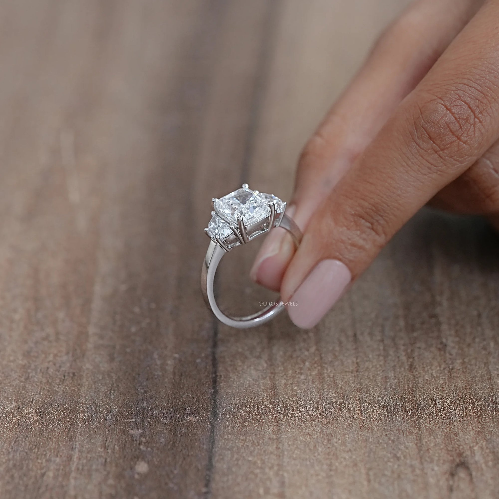 Trinity Cushion Cut Lab Diamond Engagement Rings Ring