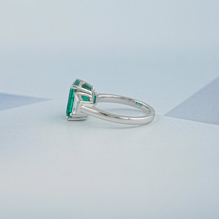 Green Emerald Cut With Trapezoid Diamond Ring 